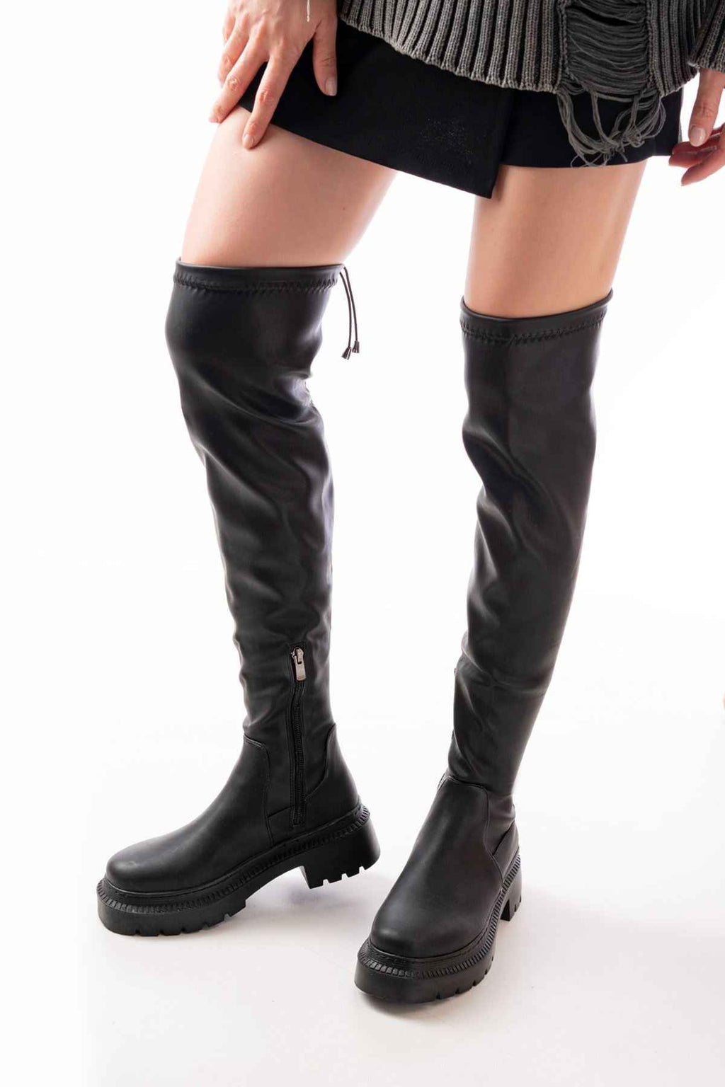 Ayakkabı Aşkı 236-2194 Siyah Streç Diz Üstü Fermuarlı Günlük Kadın Çizme