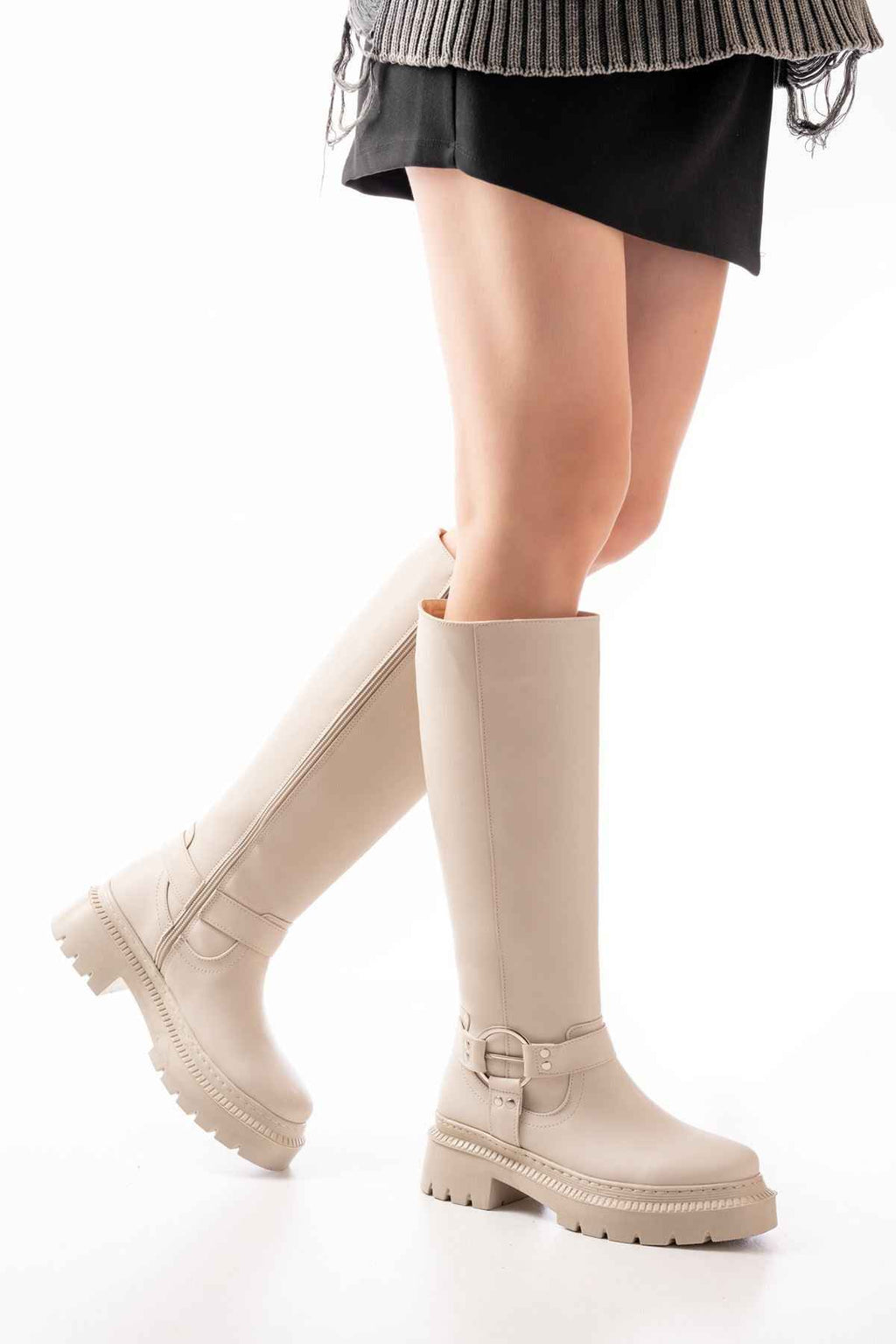 Ayakkabı Aşkı 236-3021 Bej Fermuarlı Günlük Kadın Çizme