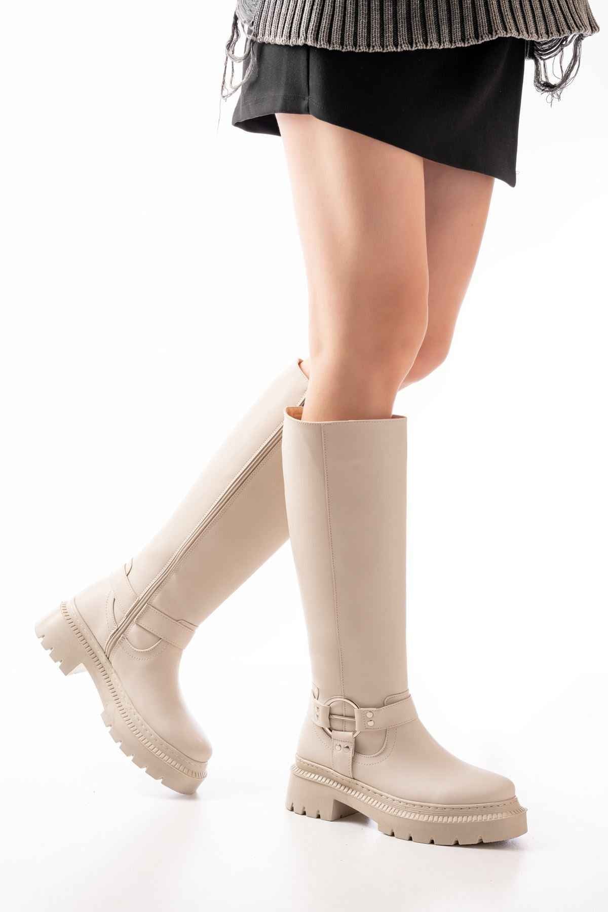 Ayakkabı Aşkı 236-3021 Bej Fermuarlı Günlük Kadın Çizme