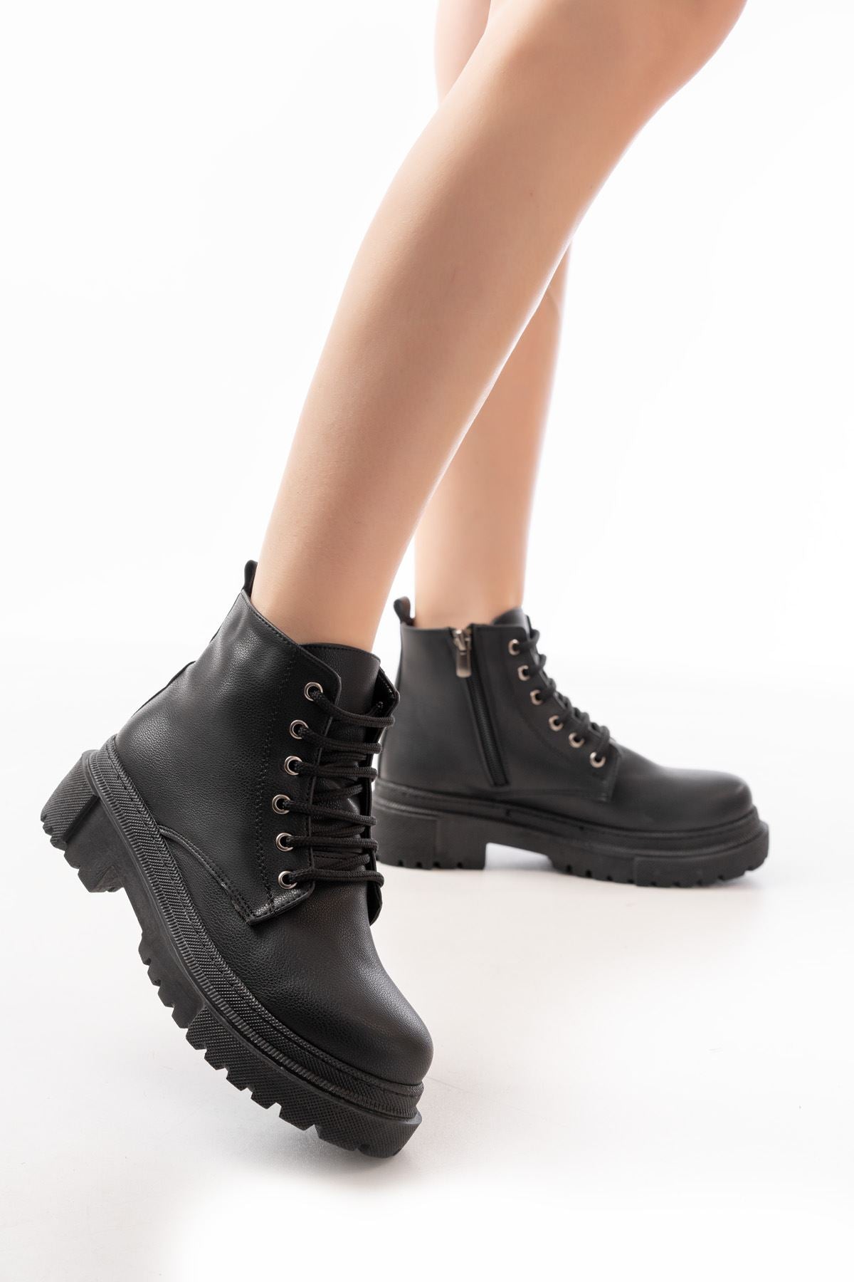 Ayakkabı Aşkı Siyah Bağcıklı Fermuarlı Günlük Kadın Bot - Ayakkabı Aşkı