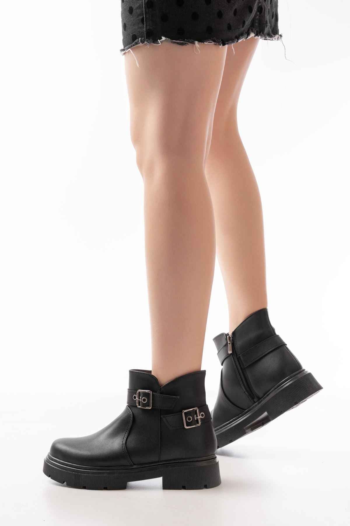 Ayakkabı Aşkı 508-3037 Siyah Toka Aksesuarlı Fermuarlı  Günlük Kadın Bot