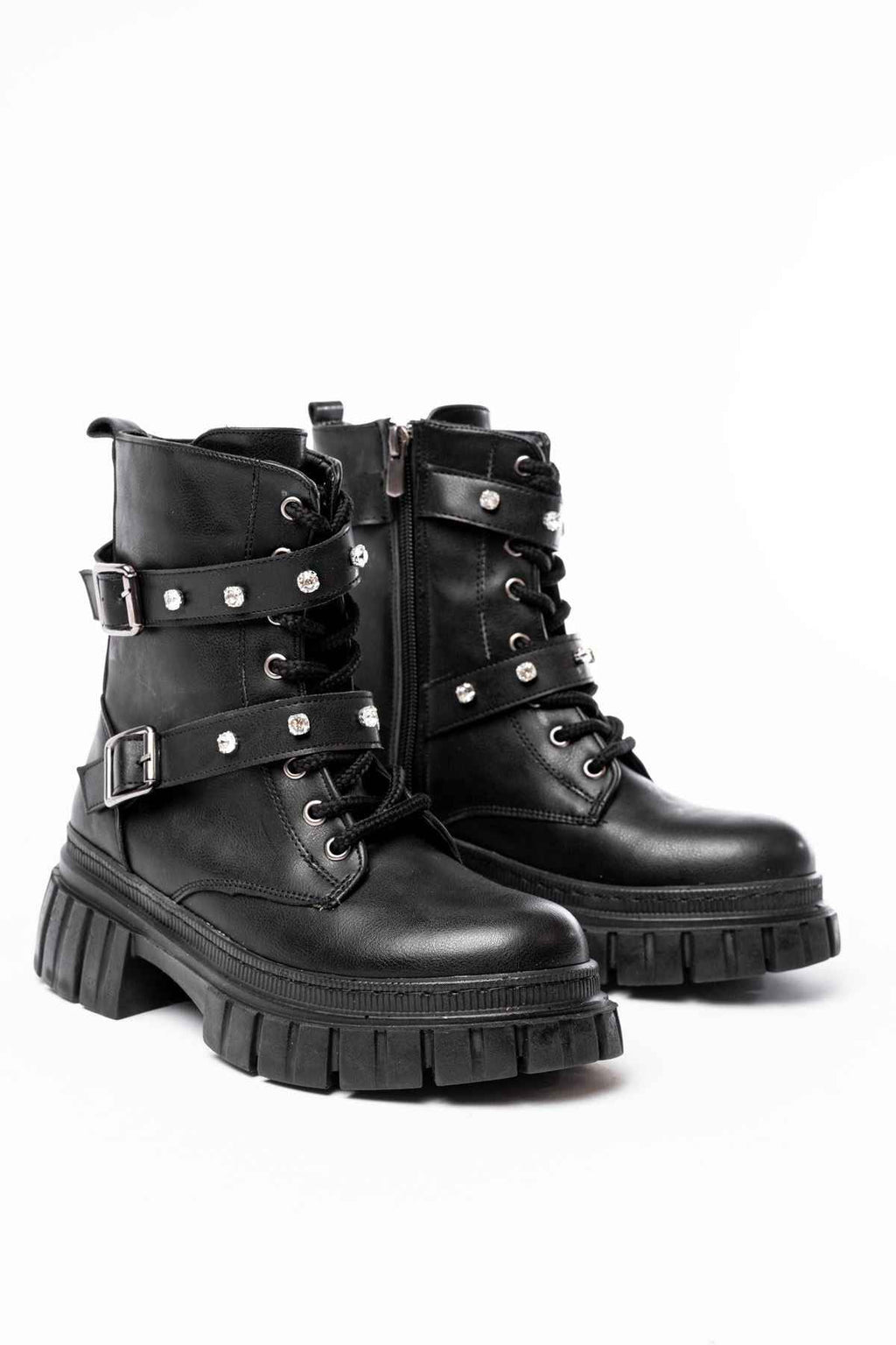 Ayakkabı Aşkı 842-03 Siyah Bağcıklı Kalın Tabanlı Bağcıklı Fermuarlı Günlük Kadın Bot