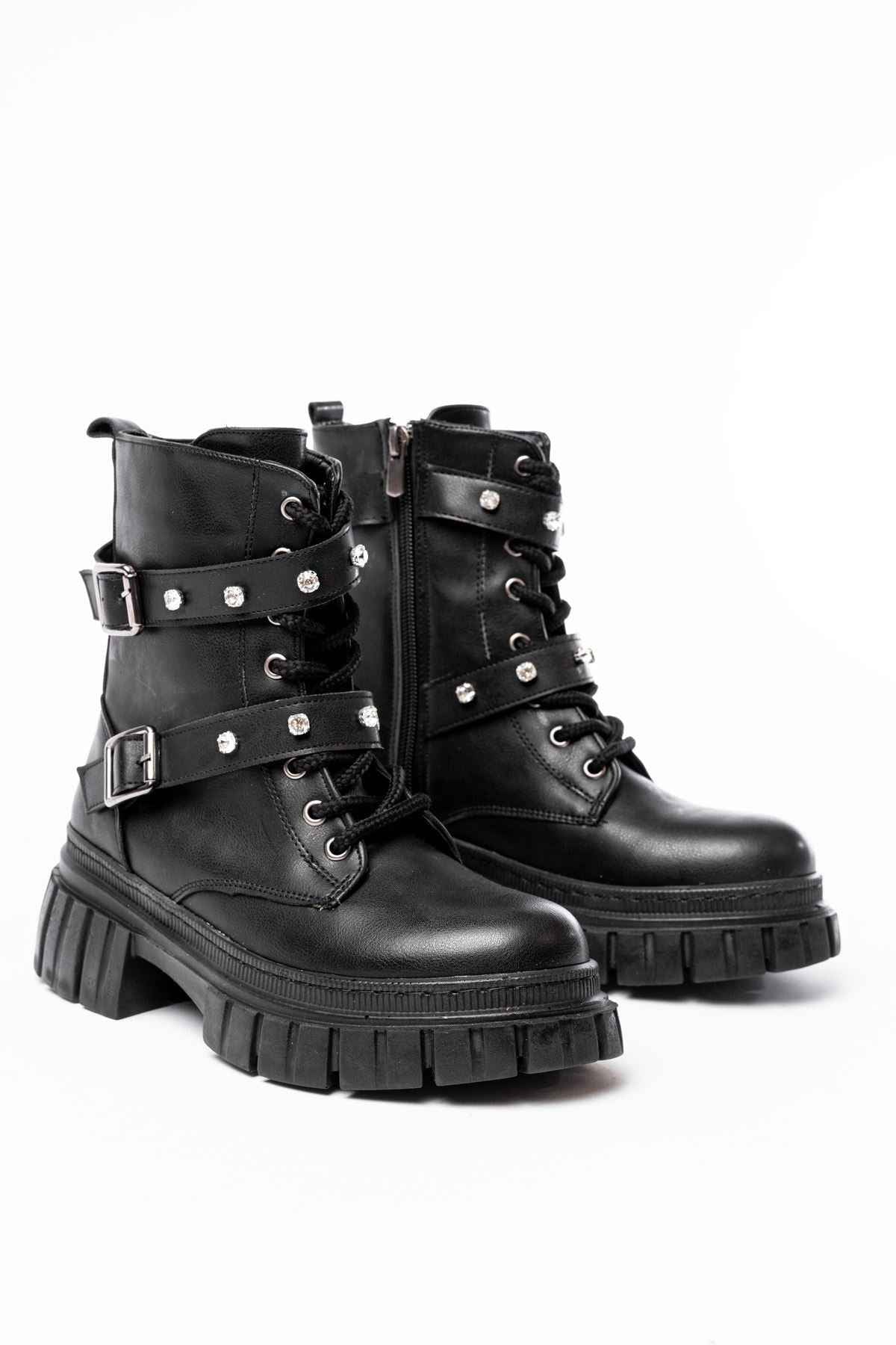 Ayakkabı Aşkı 842-03 Siyah Bağcıklı Kalın Tabanlı Bağcıklı Fermuarlı Günlük Kadın Bot