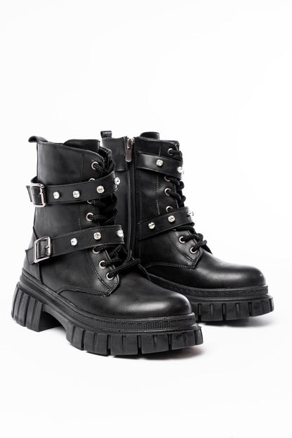 Ayakkabı Aşkı Siyah Bağcıklı Kalın Tabanlı Bağcıklı Fermuarlı Günlük Kadın Bot
