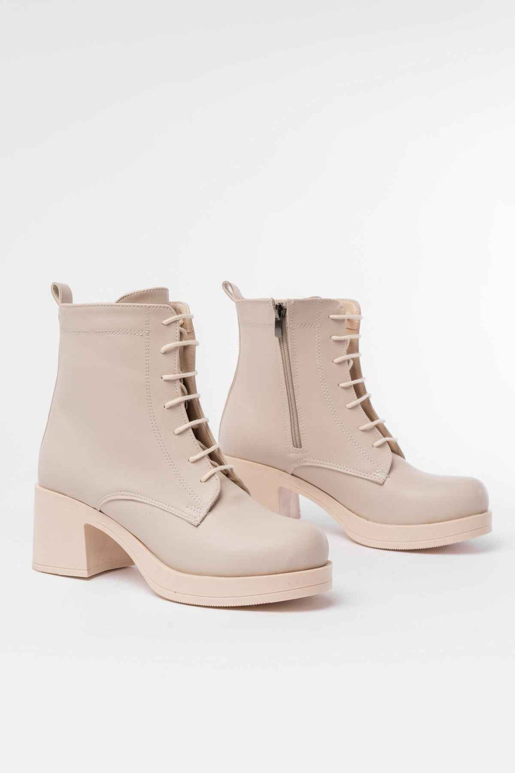 Ayakkabı Aşkı 5109-3025 Bej Bağcıklı Fermuarlı Kalın Topuklu Günlük Kadın Bot