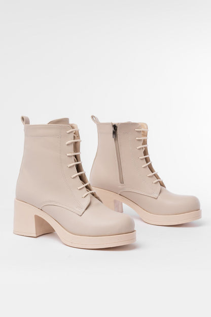 Ayakkabı Aşkı Bej Bağcıklı Fermuarlı Kalın Topuklu Günlük Kadın Bot