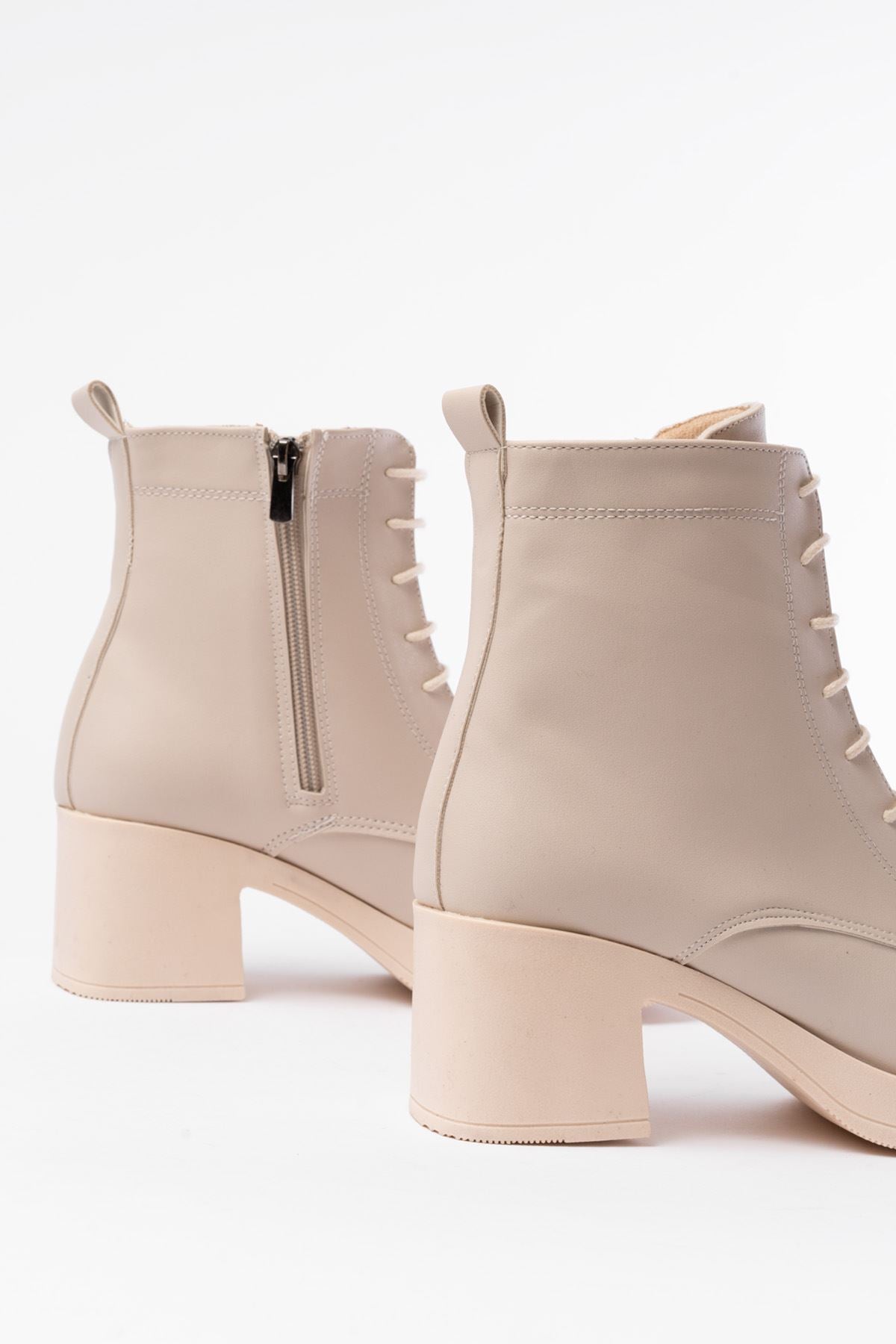 Ayakkabı Aşkı Bej Bağcıklı Fermuarlı Kalın Topuklu Günlük Kadın Bot - Ayakkabı Aşkı