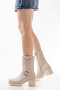 Ayakkabı Aşkı Bej Toka Aksesuarlı Fermuarlı Kalın Topuklu Günlük Kadın Bot - Ayakkabı Aşkı