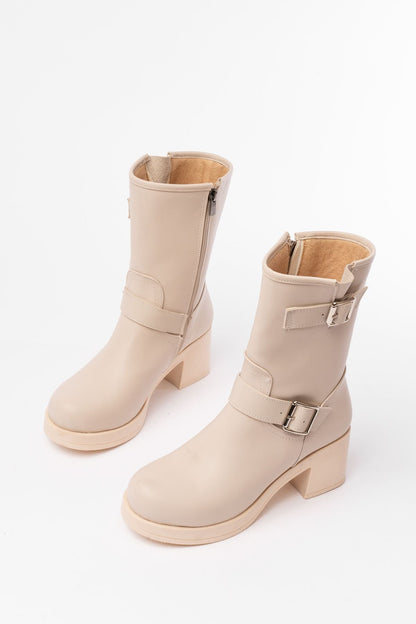 Ayakkabı Aşkı Bej Toka Aksesuarlı Fermuarlı Kalın Topuklu Günlük Kadın Bot