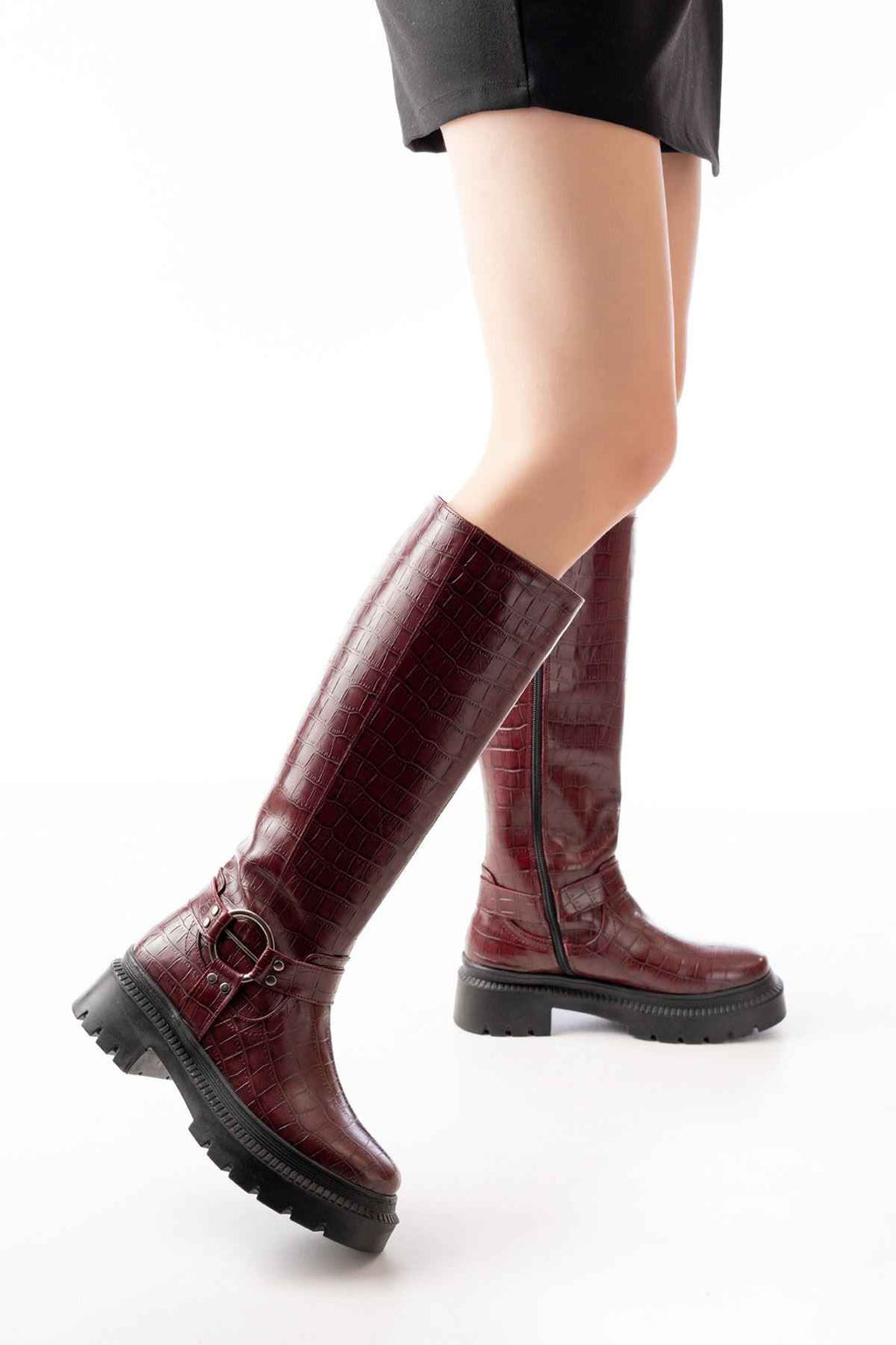 Ayakkabı Aşkı 236-3021 Bordo Kroko Fermuarlı Günlük Kadın Çizme