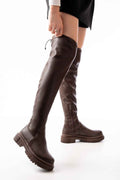 Ayakkabı Aşkı 812-2194 Kahverengi Fermuarlı Diz Üstü Bağcıklı Çorap Günlük Kadın Çizme