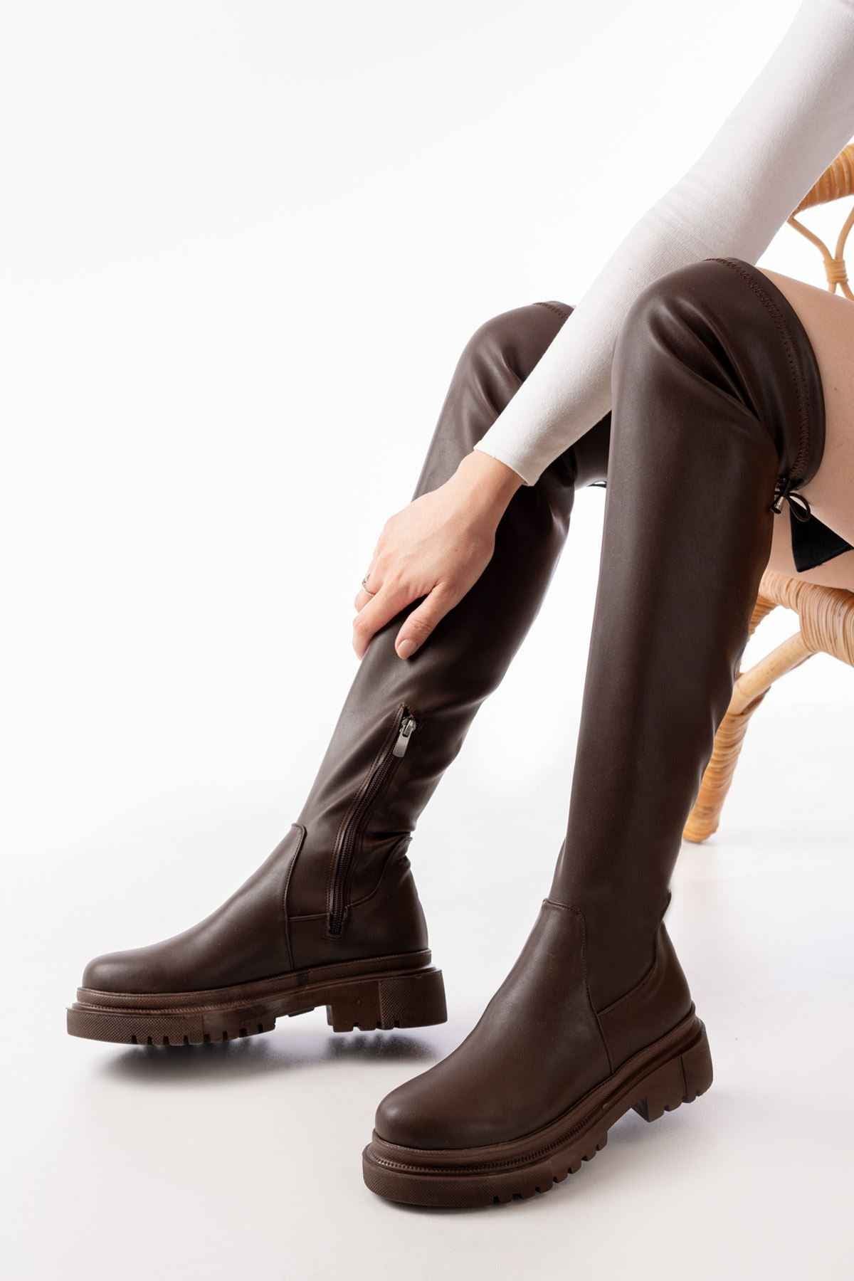 Ayakkabı Aşkı 812-2194 Kahverengi Fermuarlı Diz Üstü Bağcıklı Çorap Günlük Kadın Çizme
