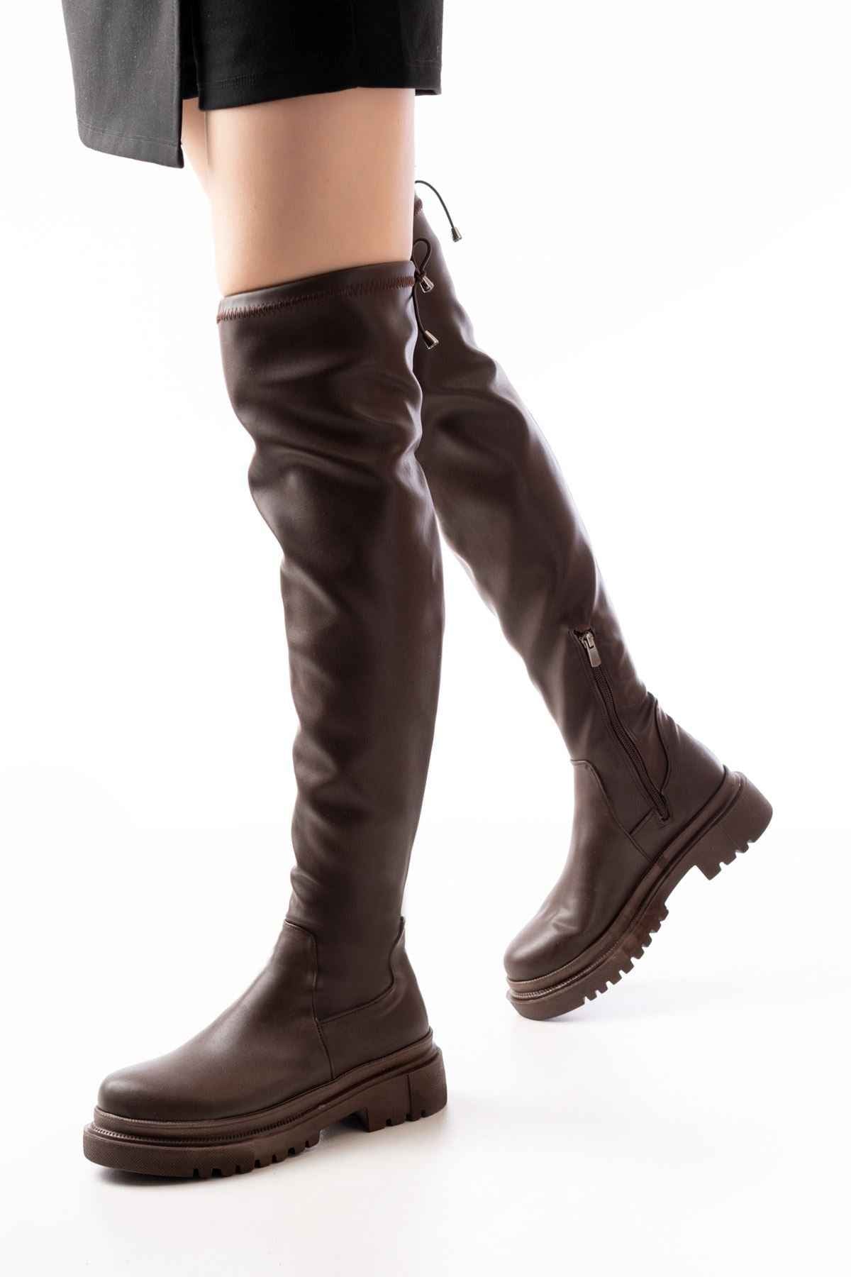 Ayakkabı Aşkı 812-2194 Kahverengi Fermuarlı Diz Üstü Bağcıklı Çorap Günlük Kadın Çizme