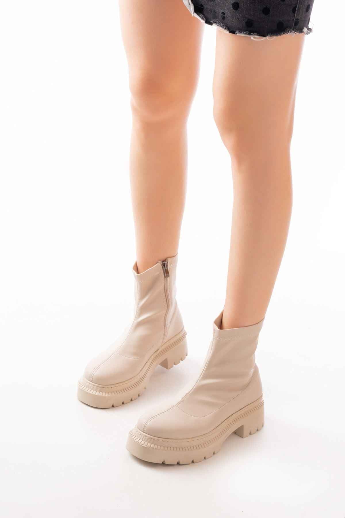Ayakkabı Aşkı 236-2011 Bej Streç Fermuarlı Günlük Kadın Bot