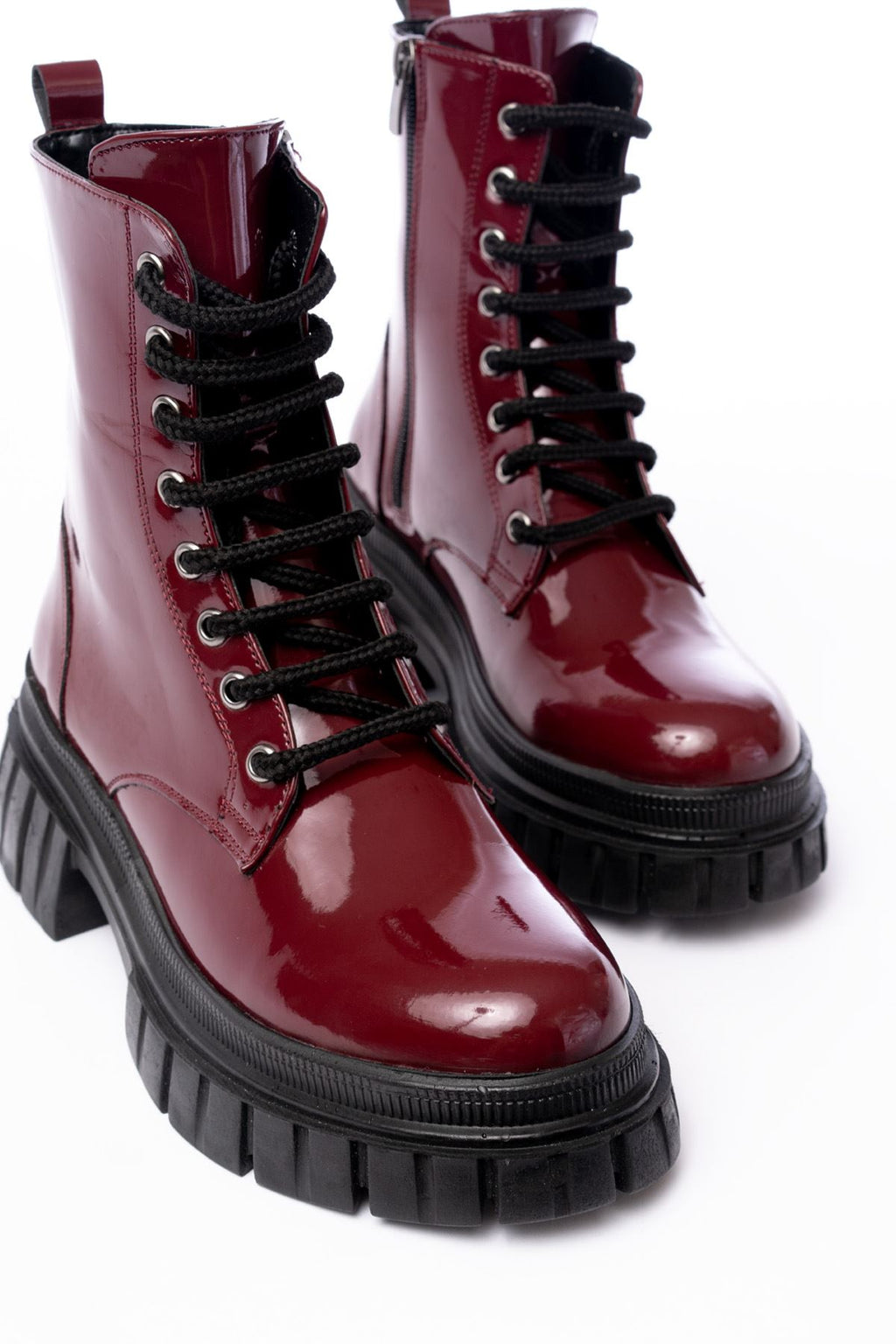 Ayakkabı Aşkı Bordo Rugan Bağcıklı Fermuarlı Günlük Kadın Bot - Ayakkabı Aşkı