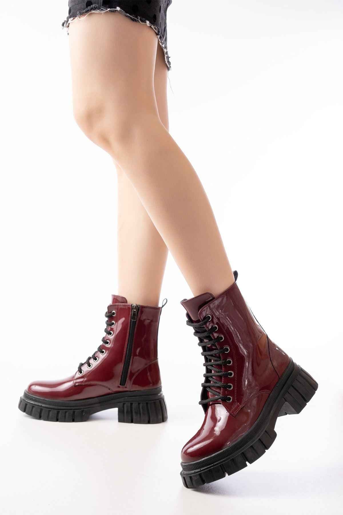 Ayakkabı Aşkı 842-356 Bordo Rugan Bağcıklı Fermuarlı Günlük Kadın Bot