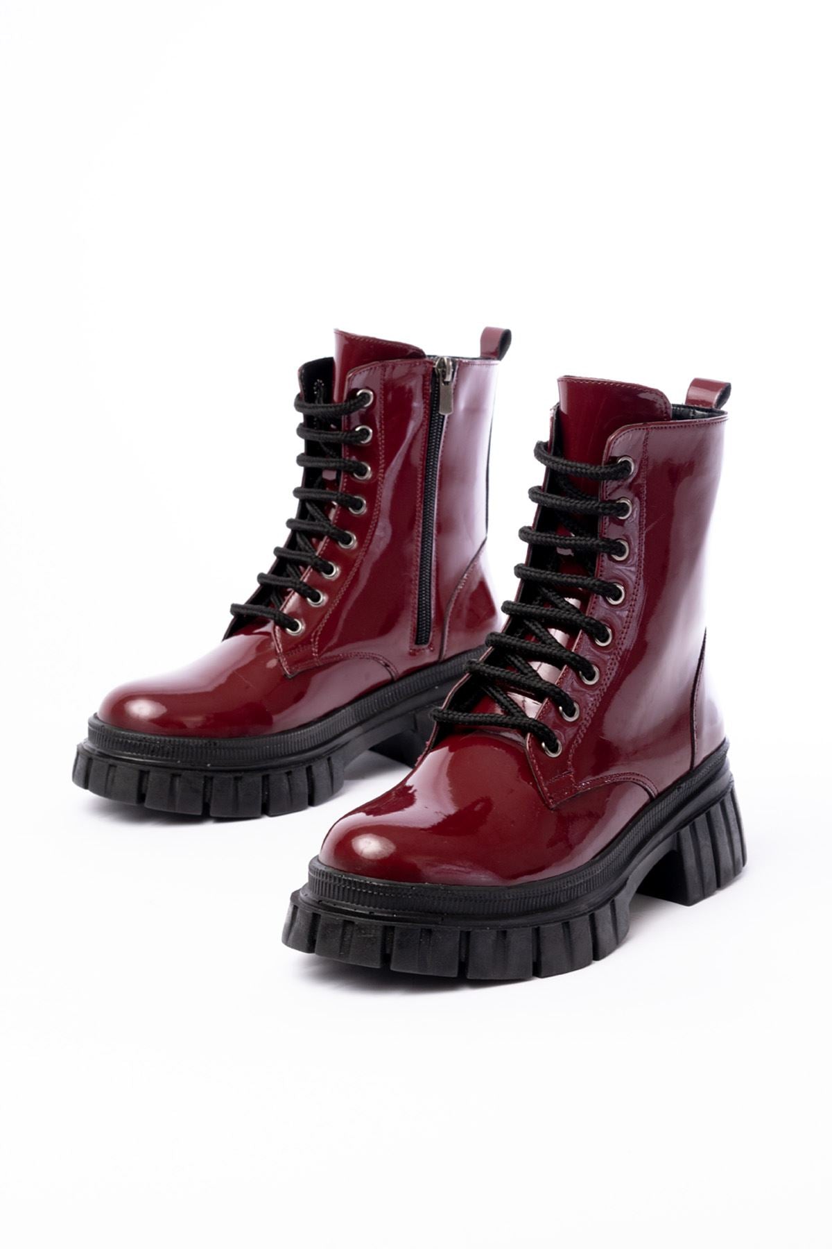 Ayakkabı Aşkı Bordo Rugan Bağcıklı Fermuarlı Günlük Kadın Bot - Ayakkabı Aşkı