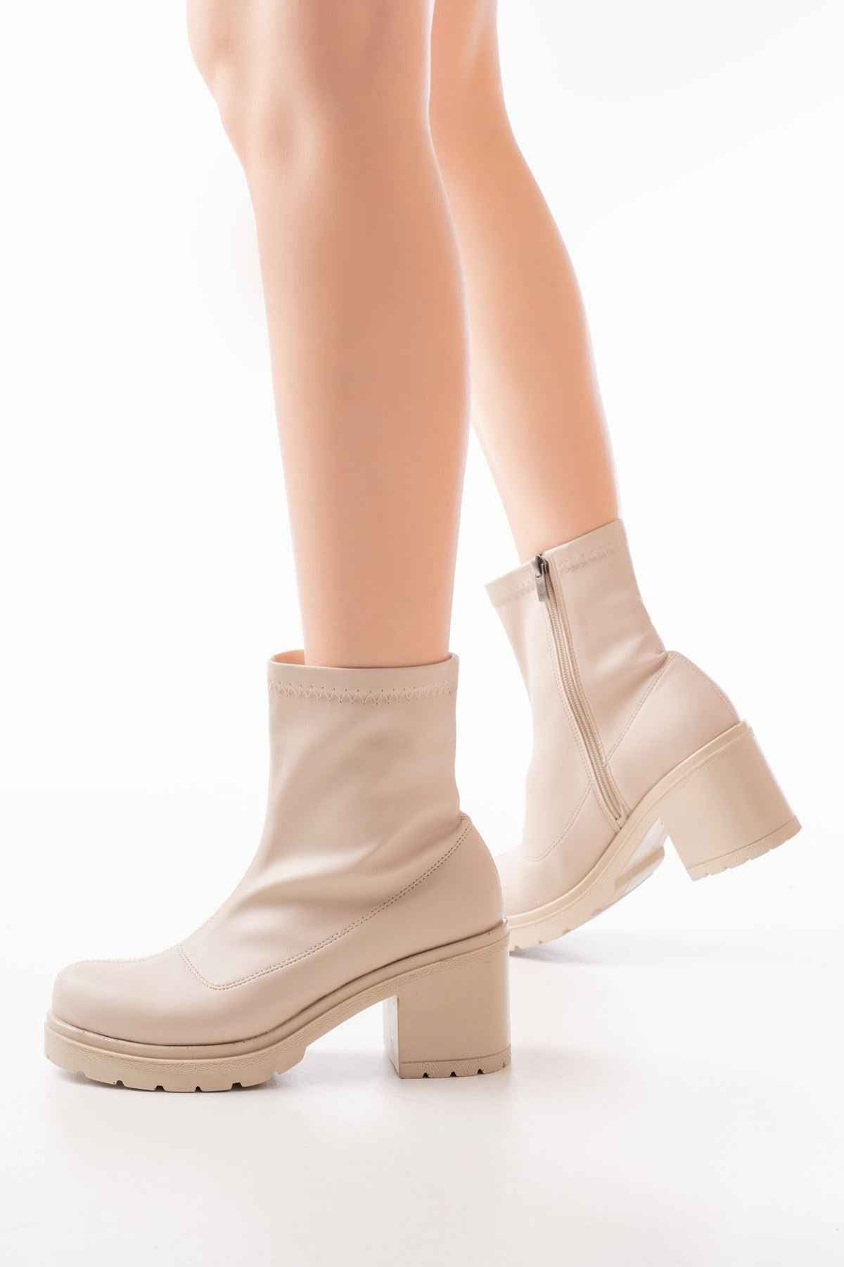 Ayakkabı Aşkı 767-3012 Streç Bej Fermuarlı Kalın Topuklu Günlük Kadın Bot