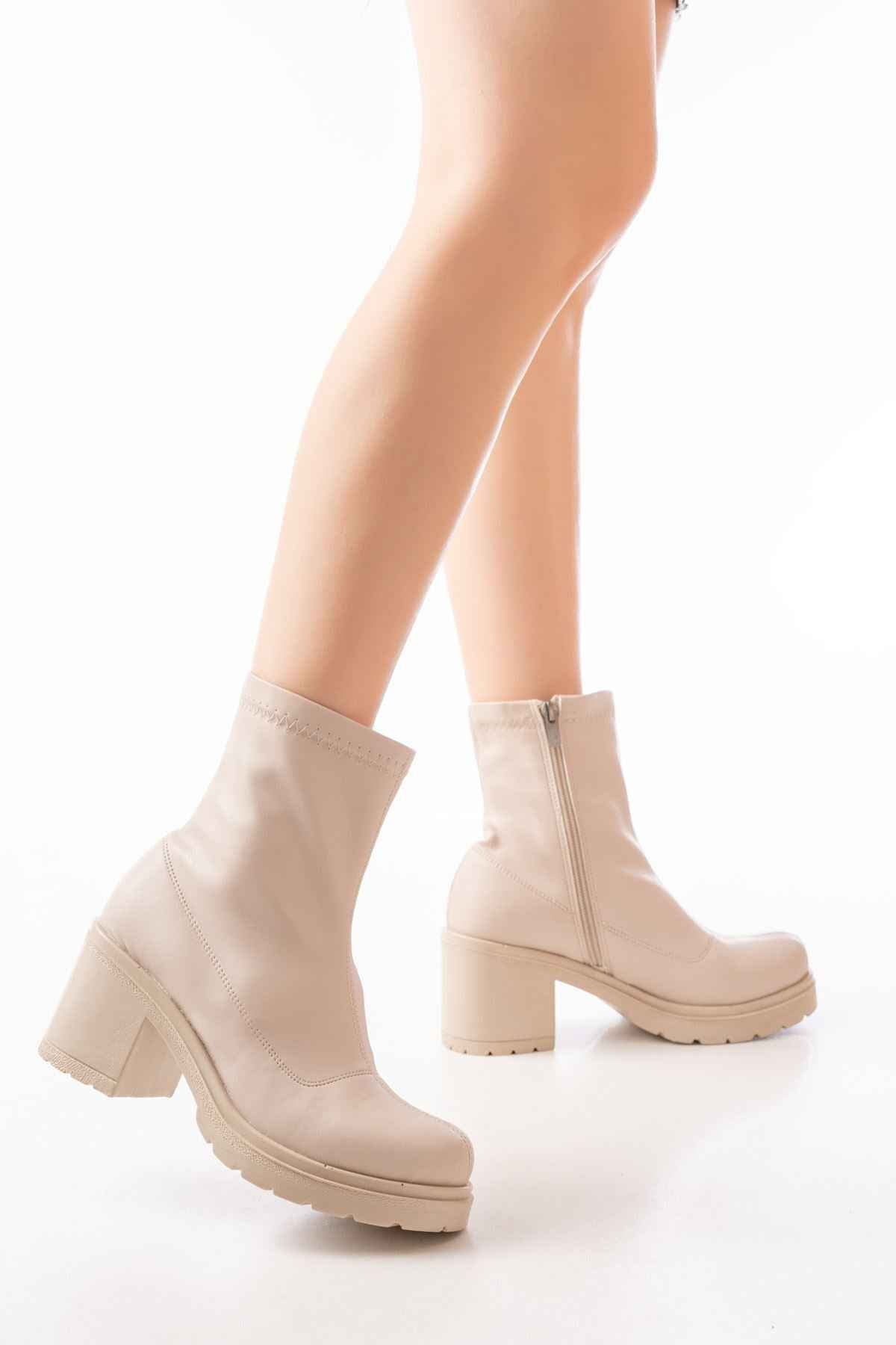 Ayakkabı Aşkı 767-3012 Streç Bej Fermuarlı Kalın Topuklu Günlük Kadın Bot