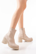 Ayakkabı Aşkı Streç Bej Fermuarlı Kalın Topuklu Günlük Kadın Bot - Ayakkabı Aşkı
