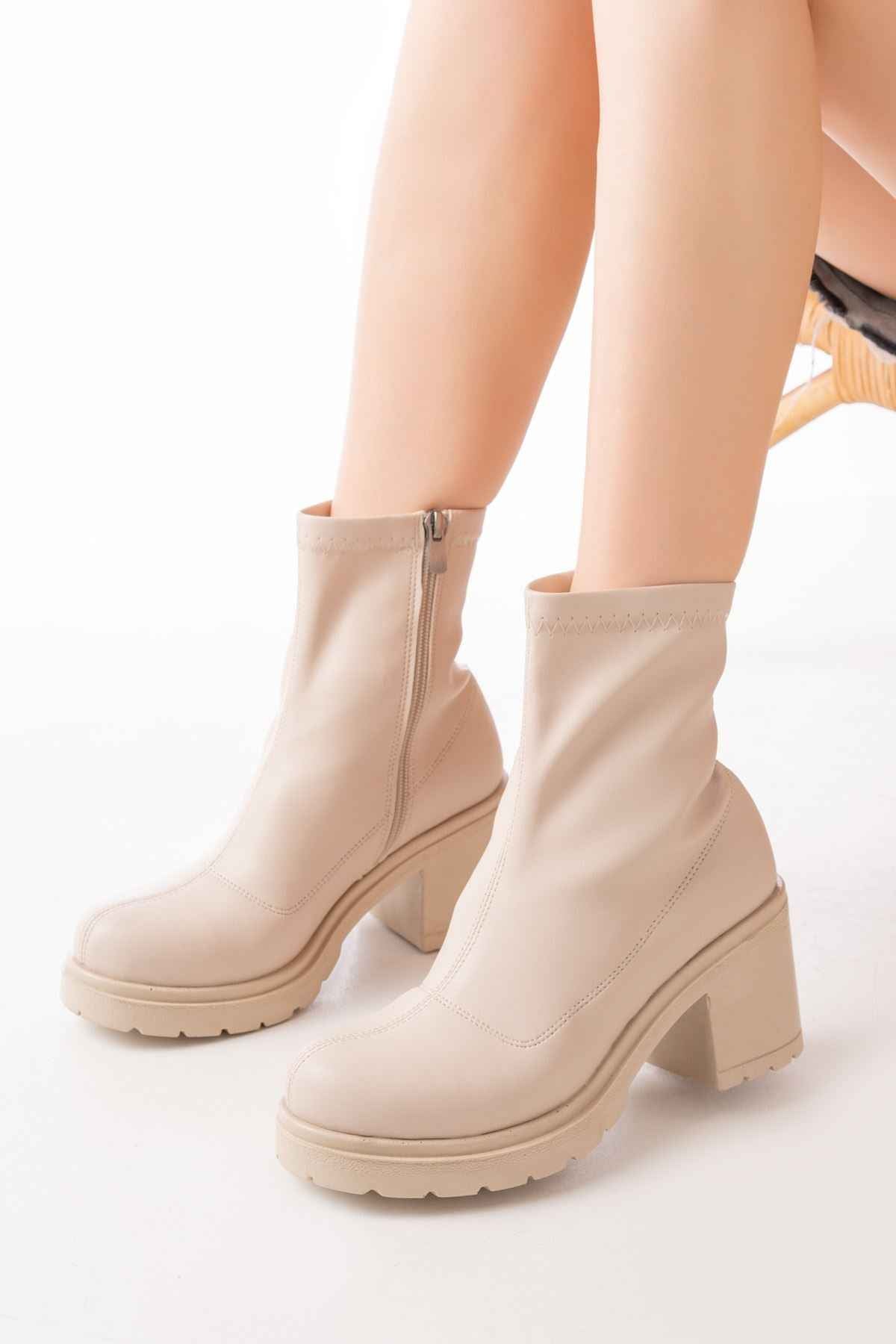 Ayakkabı Aşkı 767-3012 Streç Bej Fermuarlı Kalın Topuklu Günlük Kadın Bot