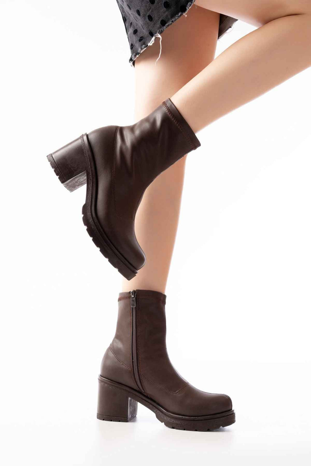 Ayakkabı Aşkı 767-3012 Streç Kahve Fermuarlı Kalın Topuklu Günlük Kadın Bot