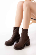 Ayakkabı Aşkı 767-3012 Streç Kahve Fermuarlı Kalın Topuklu Günlük Kadın Bot