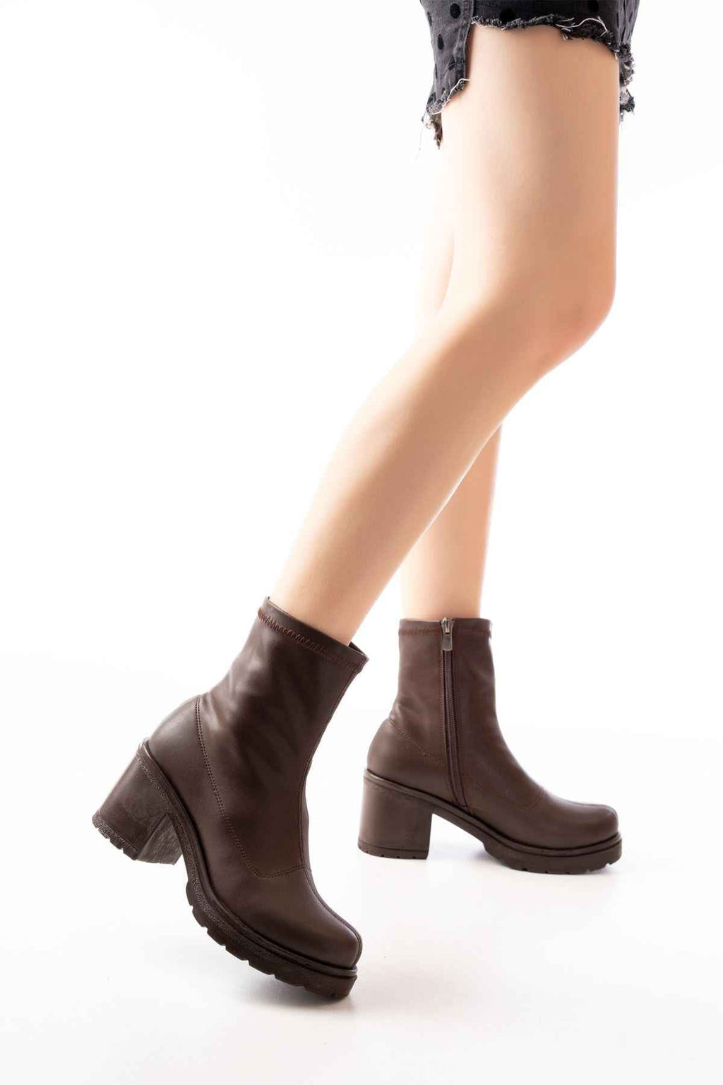 Ayakkabı Aşkı 767-3012 Streç Kahve Fermuarlı Kalın Topuklu Günlük Kadın Bot