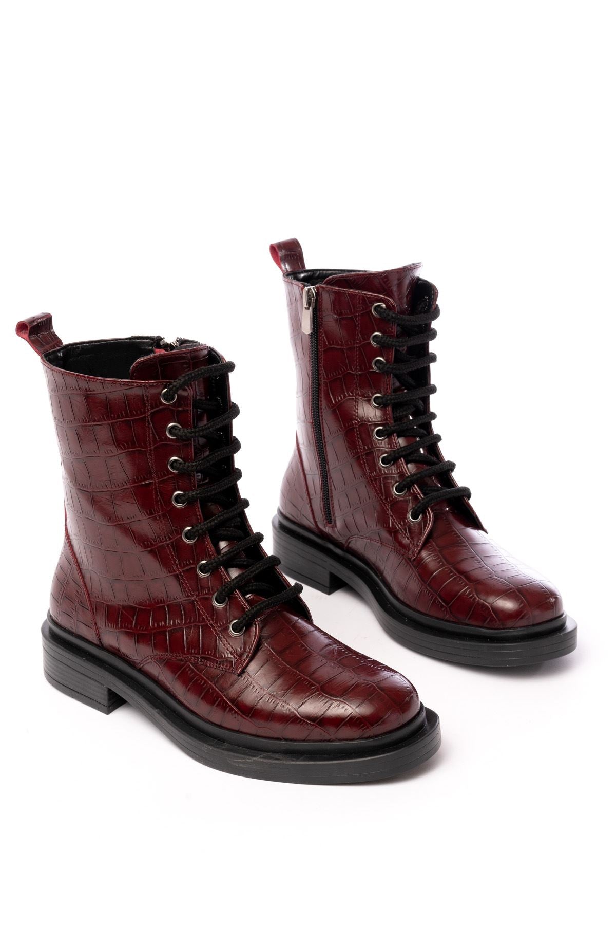 Ayakkabı Aşkı Bordo Kroko Bağcıklı Fermuarlı Günlük Kadın Bot - Ayakkabı Aşkı