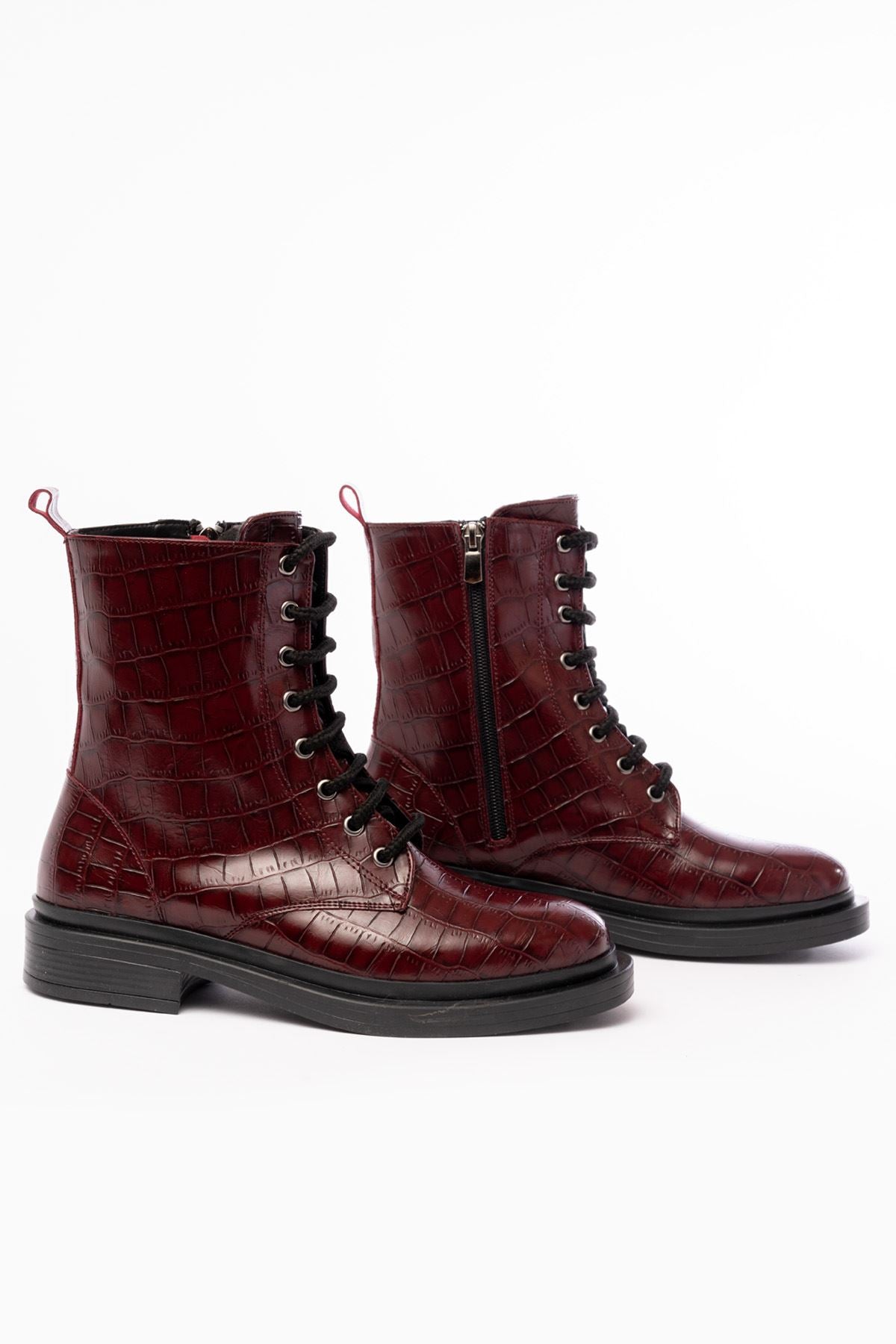 Ayakkabı Aşkı Bordo Kroko Bağcıklı Fermuarlı Günlük Kadın Bot