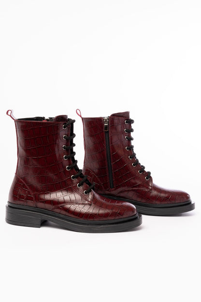 Ayakkabı Aşkı Bordo Kroko Bağcıklı Fermuarlı Günlük Kadın Bot