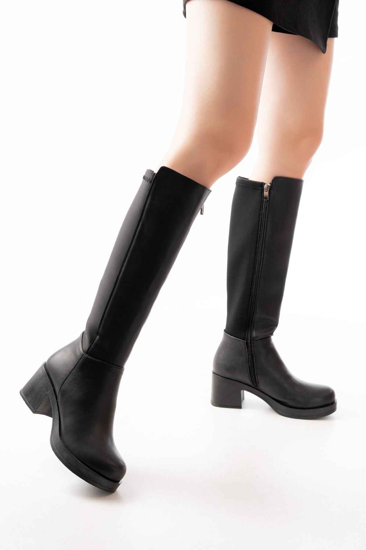 Ayakkabı Aşkı 5109-3060 Siyah Topuklu Fermuarlı Günlük Kadın Çizme