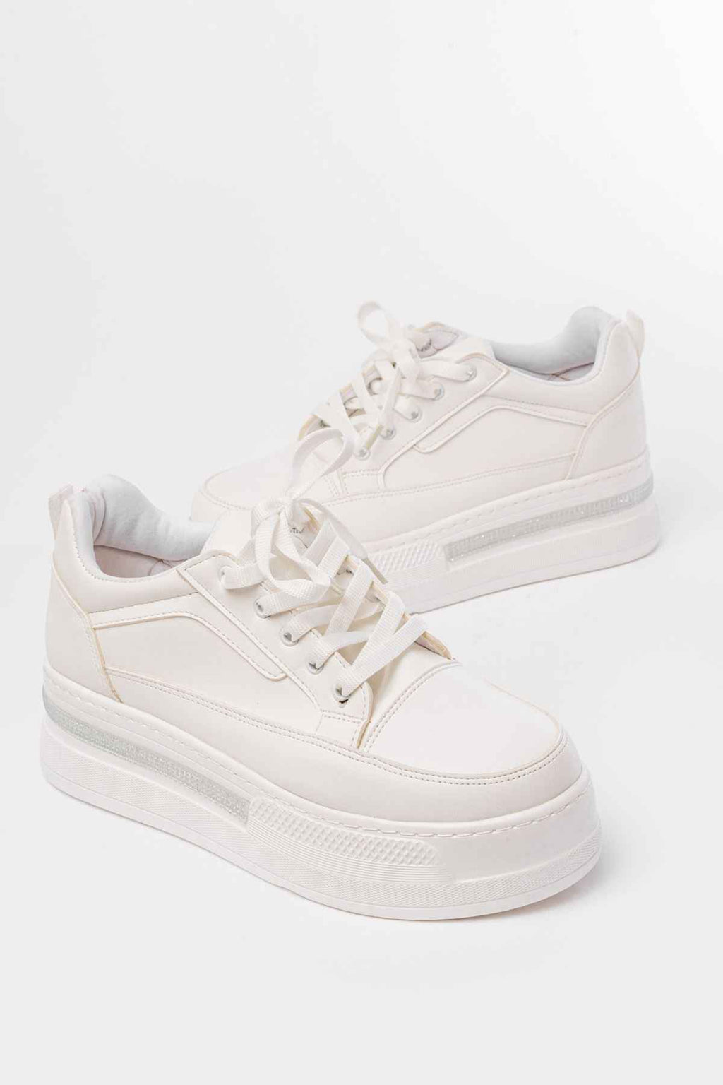 Ayakkabı Aşkı Fln-1999 Beyaz Bağcıklı Taban Taş Aksesuarlı Günlük Spor Ayakkabı