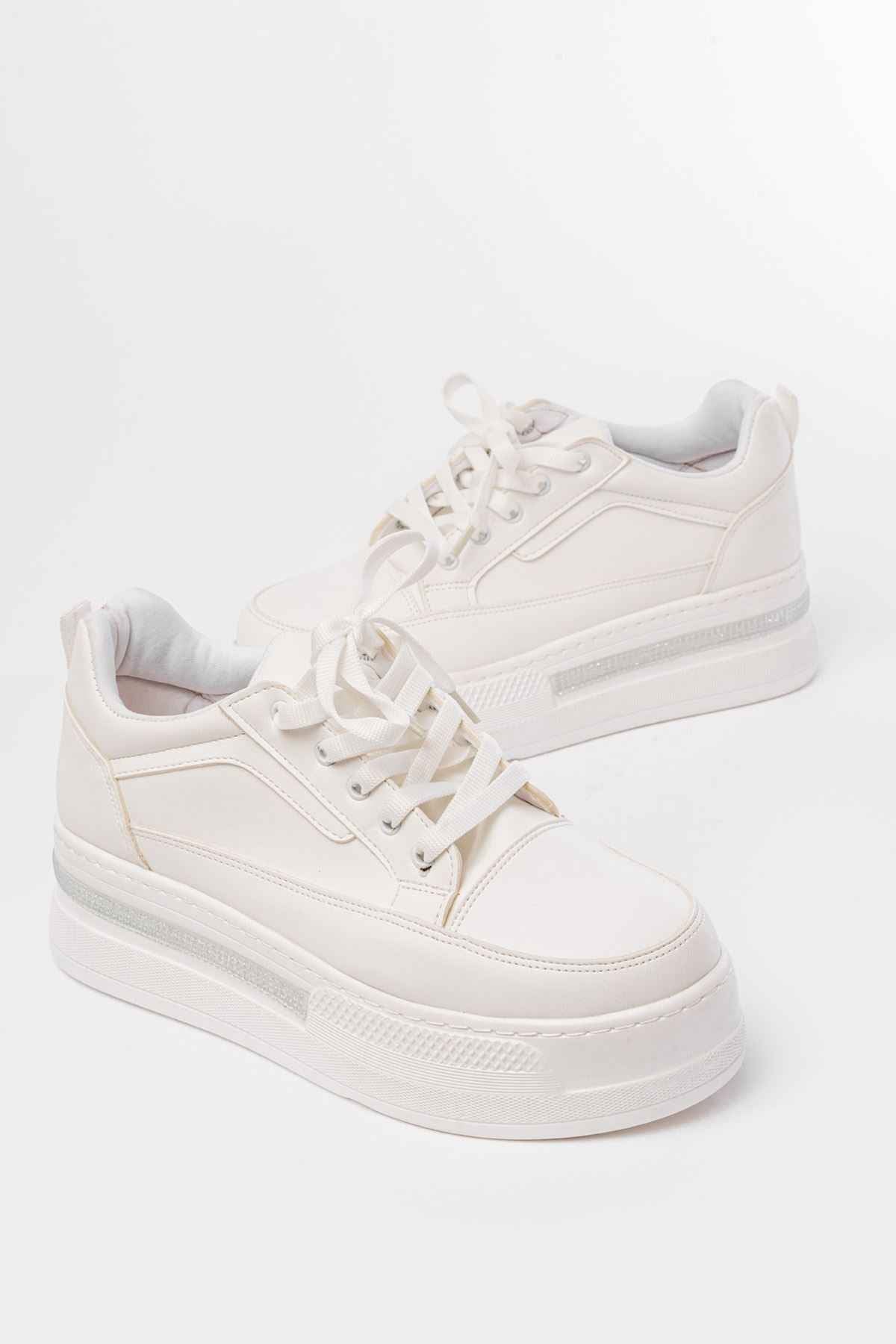 Ayakkabı Aşkı Fln-1999 Beyaz Bağcıklı Taban Taş Aksesuarlı Günlük Spor Ayakkabı