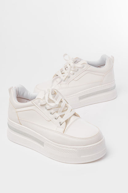 FLN-1999 Beyaz Bağcıklı Taban Taş Aksesuarlı Günlük Spor Ayakkabı - Beyaz