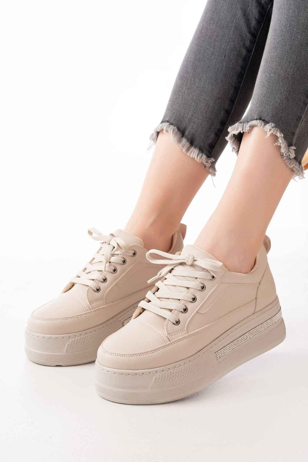 Ayakkabı Aşkı Fln-1999 Nut Bağcıklı Taban Taş Aksesuarlı Günlük Spor Ayakkabı