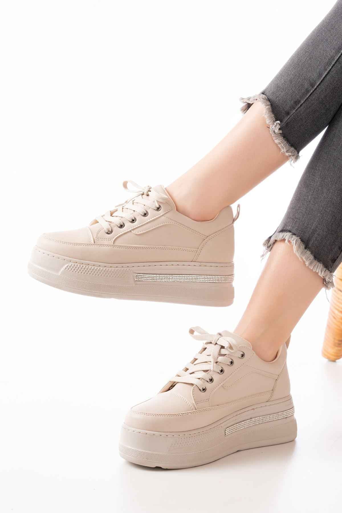 Ayakkabı Aşkı Fln-1999 Nut Bağcıklı Taban Taş Aksesuarlı Günlük Spor Ayakkabı