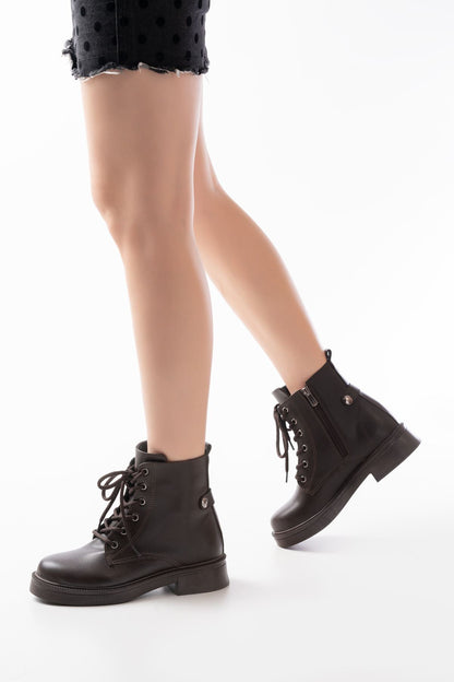 Ayakkabı Aşkı Kahve Cilt Bağcıklı Fermuarlı Günlük Kadın Bot