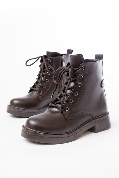 02-2003 Kahve Cilt Bağcıklı Fermuarlı Günlük Kadın Bot - Kahve