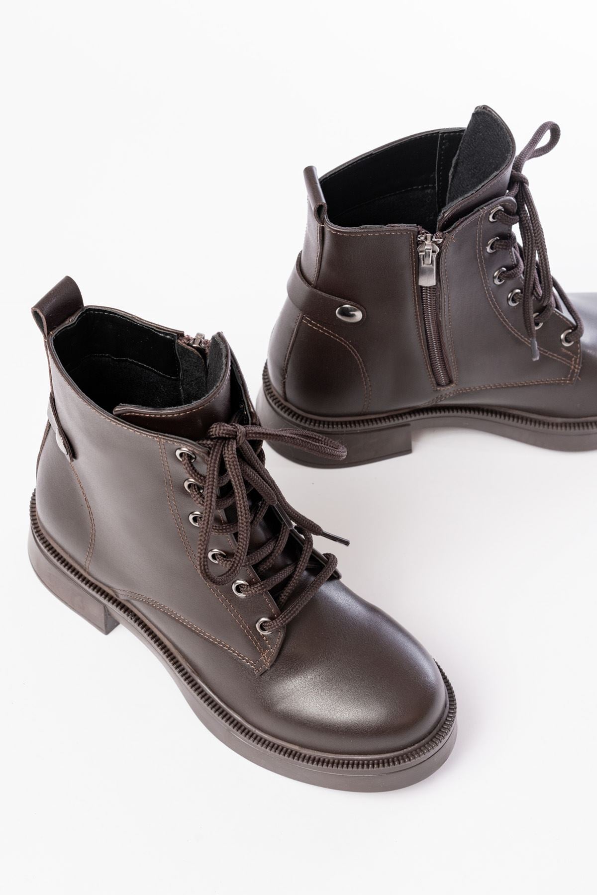 Ayakkabı Aşkı Kahve Cilt Bağcıklı Fermuarlı Günlük Kadın Bot - Ayakkabı Aşkı