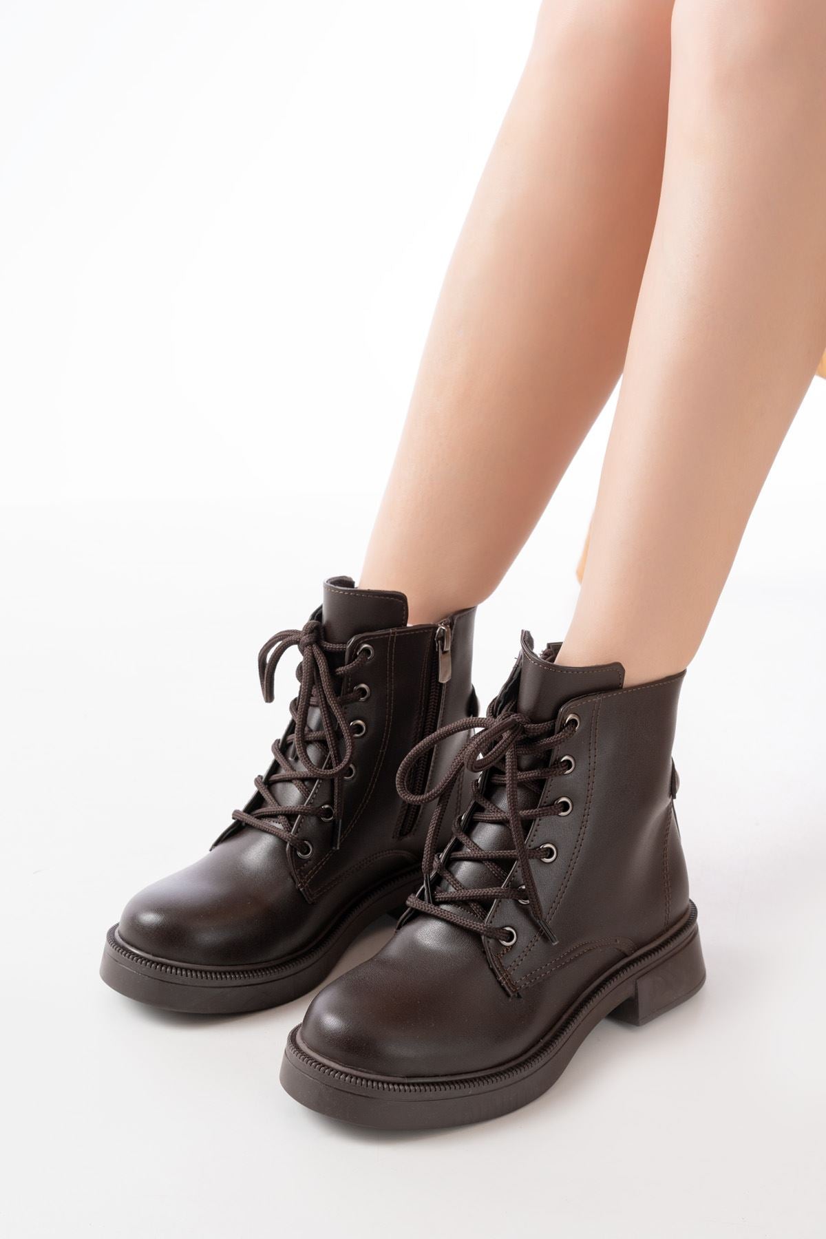 Ayakkabı Aşkı Kahve Cilt Bağcıklı Fermuarlı Günlük Kadın Bot