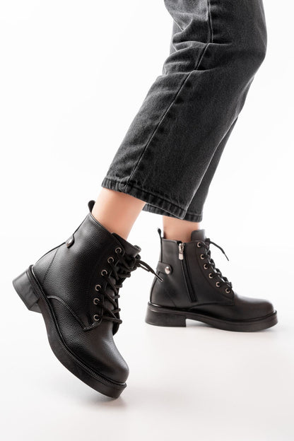 02-2003 Siyah Galata Bağcıklı Fermuarlı Günlük Kadın Bot - Siyah