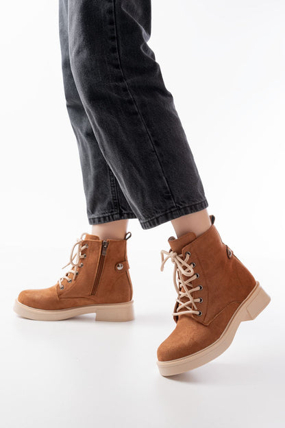 Ayakkabı Aşkı Taba Süet Bağcıklı Fermuarlı Günlük Kadın Bot
