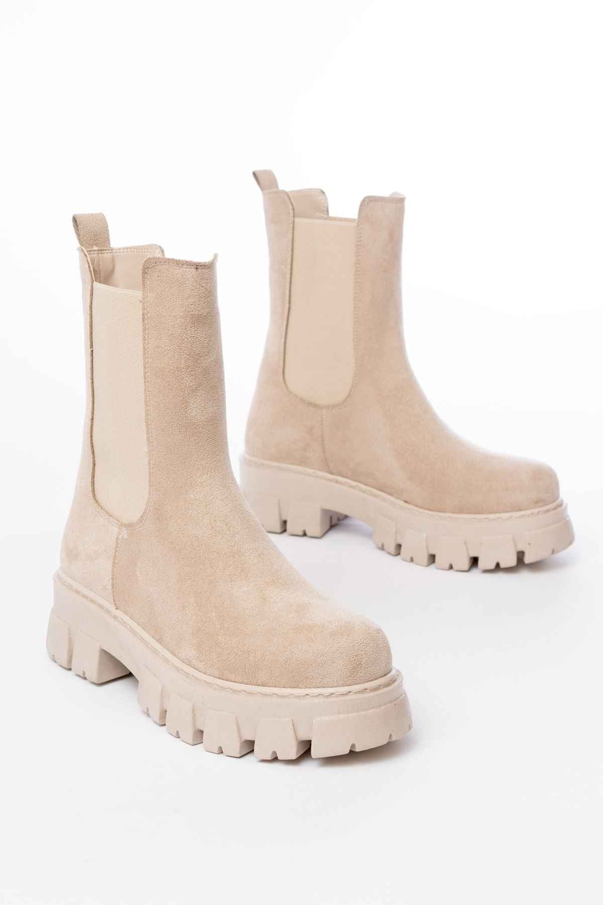 Ayakkabı Aşkı Fz-299 Bej Süet Yüksek Tabanlı Lastikli Günlük Kadın Bot