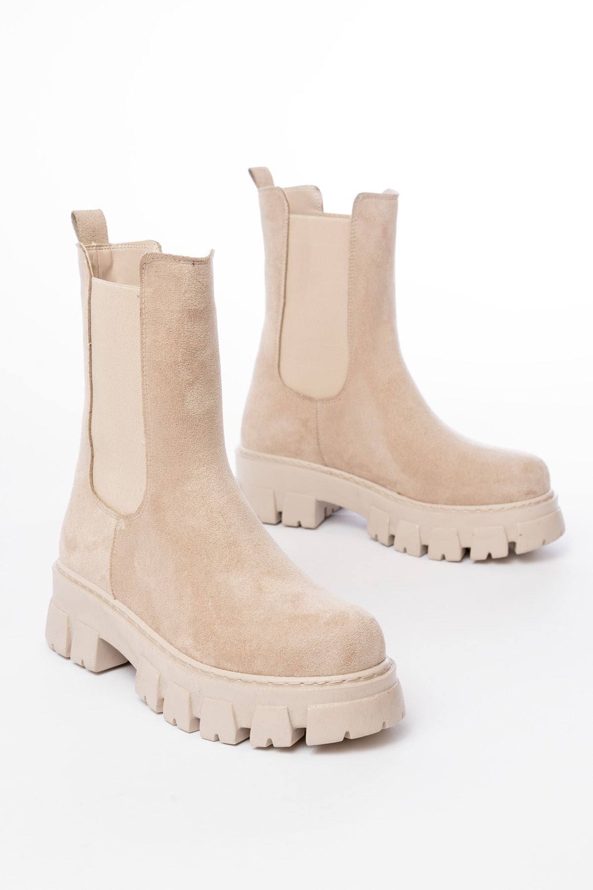 Ayakkabı Aşkı Bej Süet Yüksek Tabanlı Lastikli Günlük Kadın Bot - Ayakkabı Aşkı