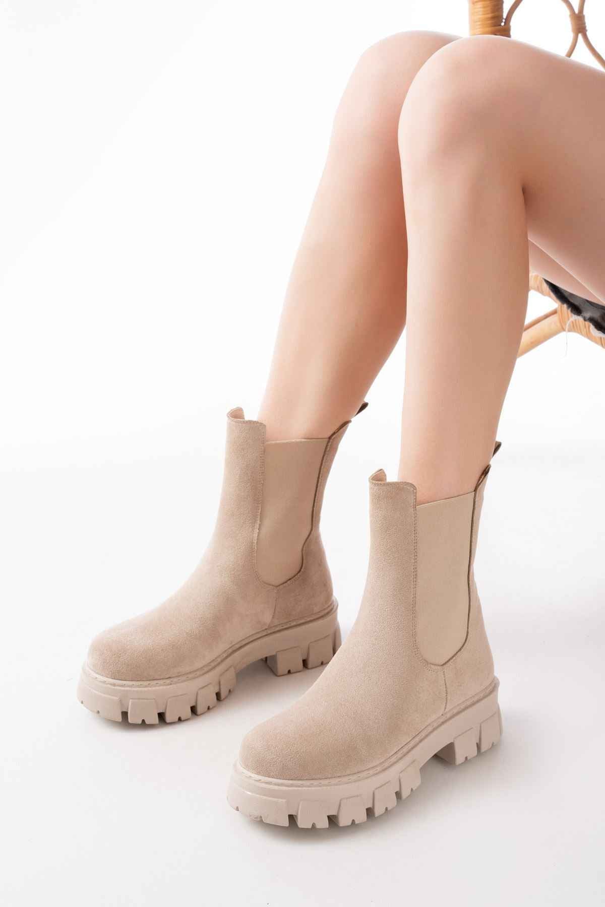 Ayakkabı Aşkı Fz-299 Bej Süet Yüksek Tabanlı Lastikli Günlük Kadın Bot