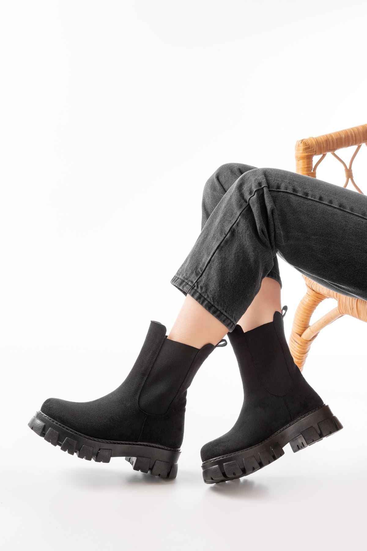 Ayakkabı Aşkı Fz-299 Siyah Süet Yüksek Tabanlı Lastikli Günlük Kadın Bot
