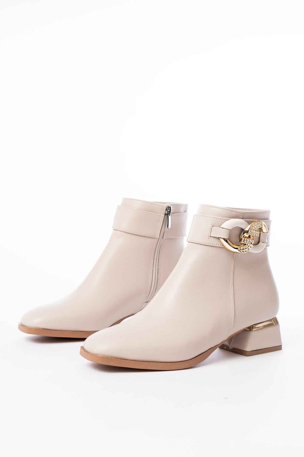 Ayakkabı Aşkı Rm-504 Bej Toka Aksesuarlı Topuklu Fermuarlı Günlük Kadın Bot