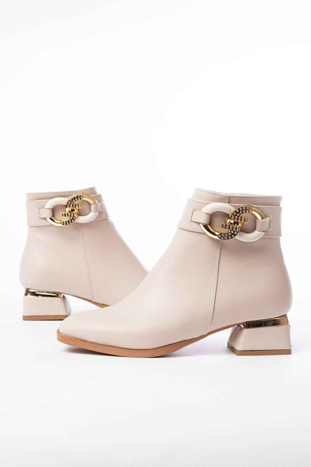Ayakkabı Aşkı Rm-504 Bej Toka Aksesuarlı Topuklu Fermuarlı Günlük Kadın Bot