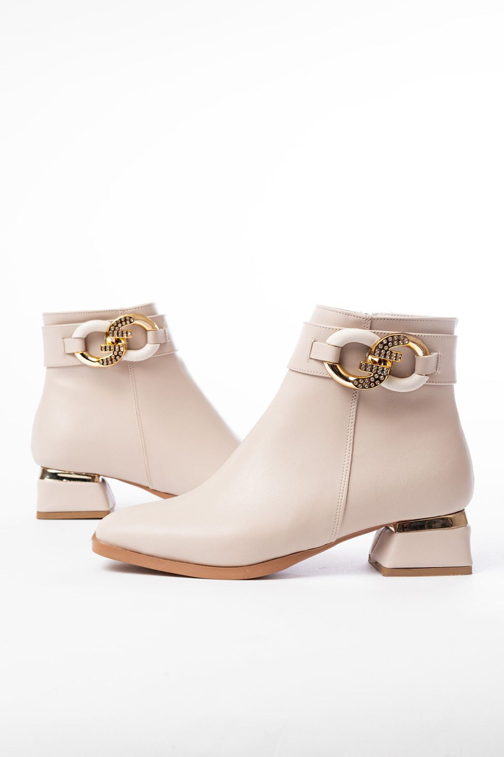 Ayakkabı Aşkı Bej Toka Aksesuarlı Topuklu Fermuarlı Günlük Kadın Bot - Ayakkabı Aşkı